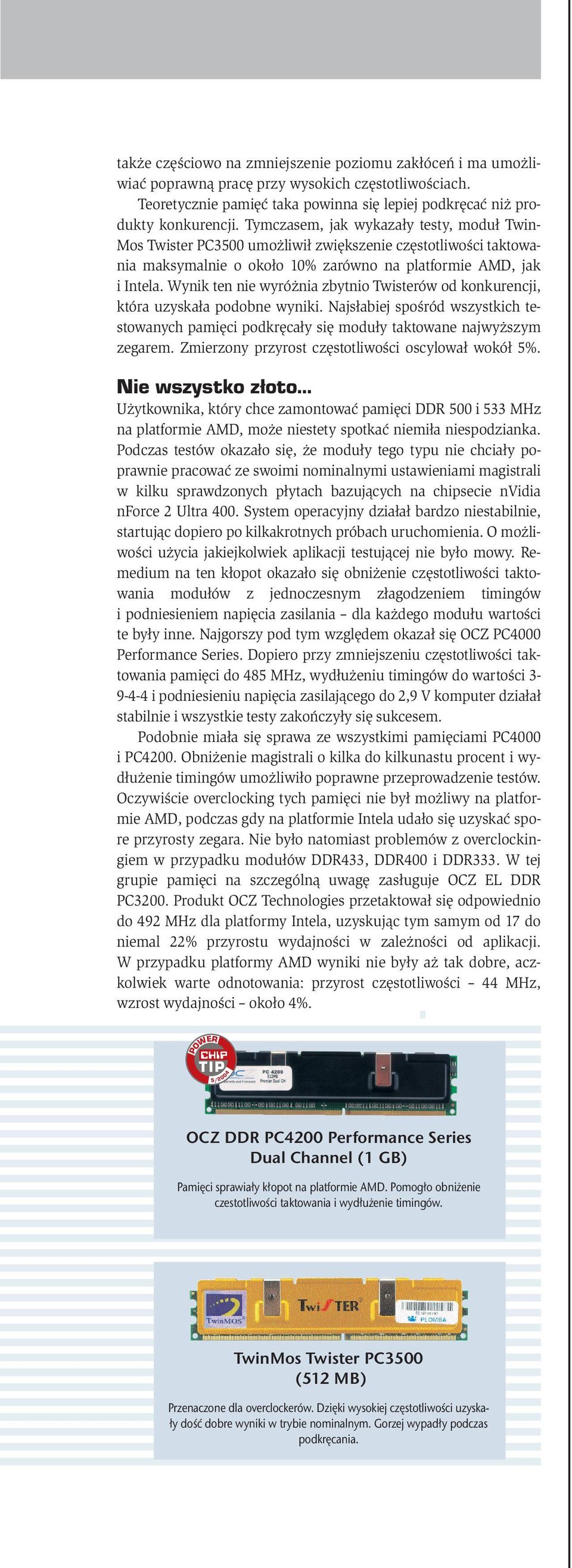 Wynik ten nie wyróżnia zbytnio Twisterów od konkurencji, która uzyskała podobne wyniki. Najsłabiej spośród wszystkich testowanych pamięci podkręcały się moduły taktowane najwyższym zegarem.