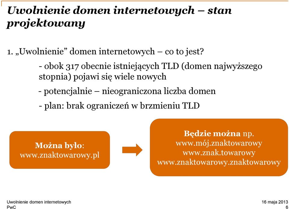 - potencjalnie nieograniczona liczba domen - plan: brak ograniczeń w brzmieniu TLD Można