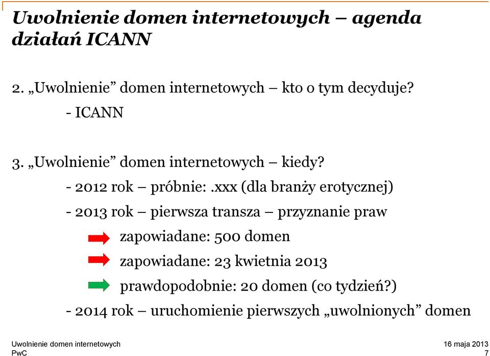 xxx (dla branży erotycznej) - 2013 rok pierwsza transza przyznanie praw zapowiadane: 500