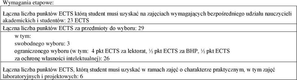 : 3 (w tym: 4 pkt ECTS za lektorat, ½ pkt ECTS za BHP, ½ pkt ECTS za ochronę własności intelektualnej): 26 Łączna liczba