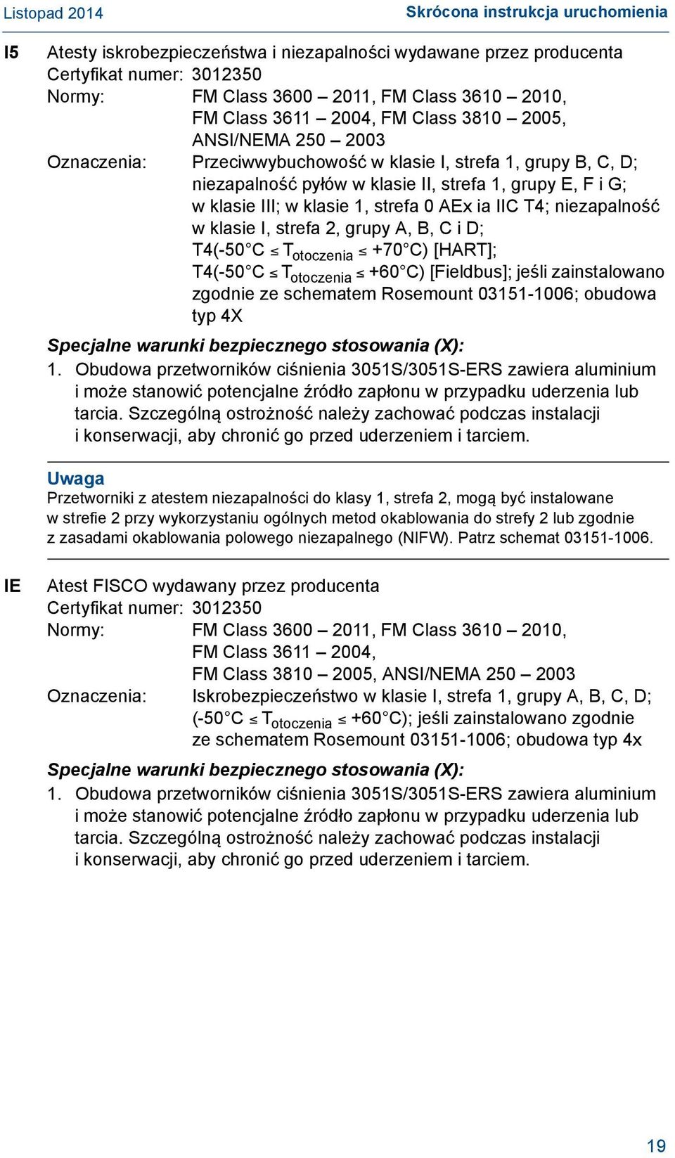 AEx ia IIC T4; niezapalność w klasie I, strefa 2, grupy A, B, C i D; T4(-50 C T otoczenia +70 C) [HART]; T4(-50 C T otoczenia +60 C) [Fieldbus]; jeśli zainstalowano zgodnie ze schematem Rosemount