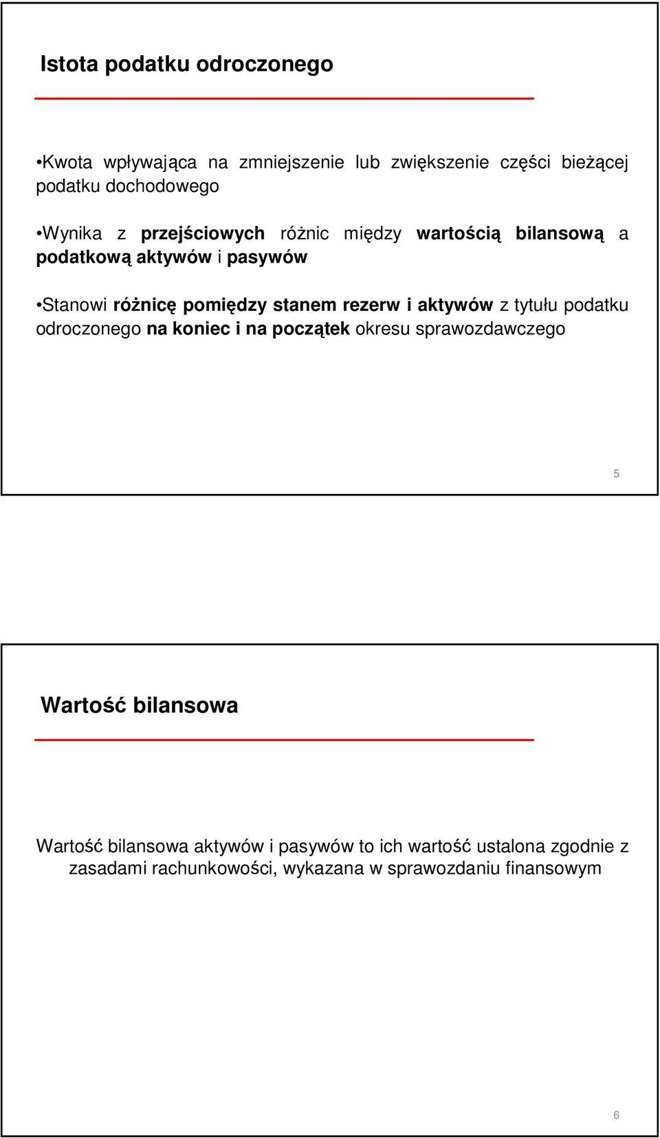 i aktywów z tytułu podatku odroczonego na koniec i na początek okresu sprawozdawczego 5 Wartość bilansowa Wartość