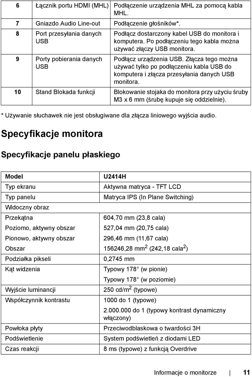 Specyfikacje monitora Specyfikacje panelu płaskiego Podłącz dostarczony kabel USB do monitora i komputera. Po podłączeniu tego kabla można używać złączy USB monitora. Podłącz urządzenia USB.
