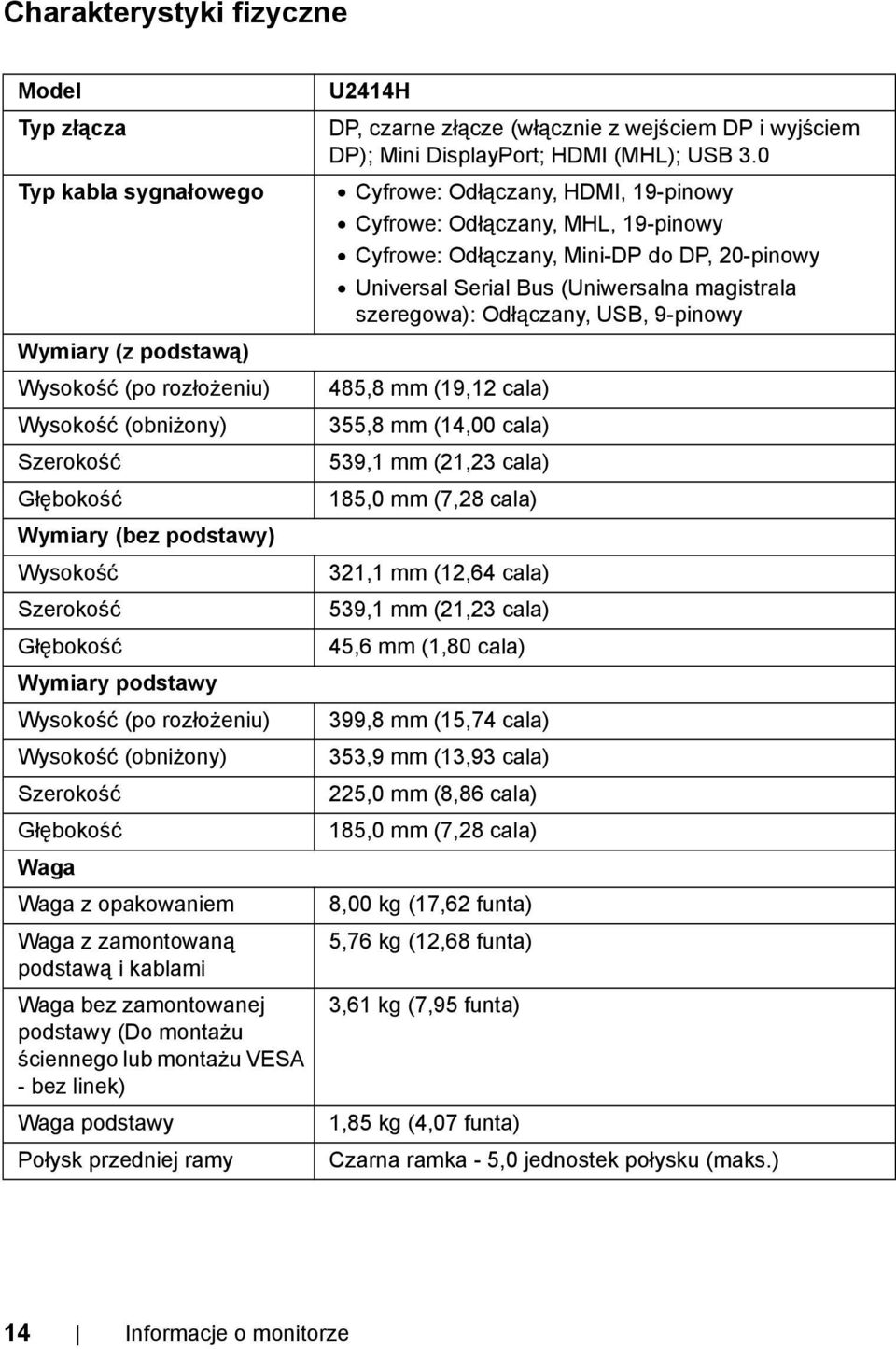 ściennego lub montażu VESA - bez linek) Waga podstawy Połysk przedniej ramy U2414H DP, czarne złącze (włącznie z wejściem DP i wyjściem DP); Mini DisplayPort; HDMI (MHL); USB 3.