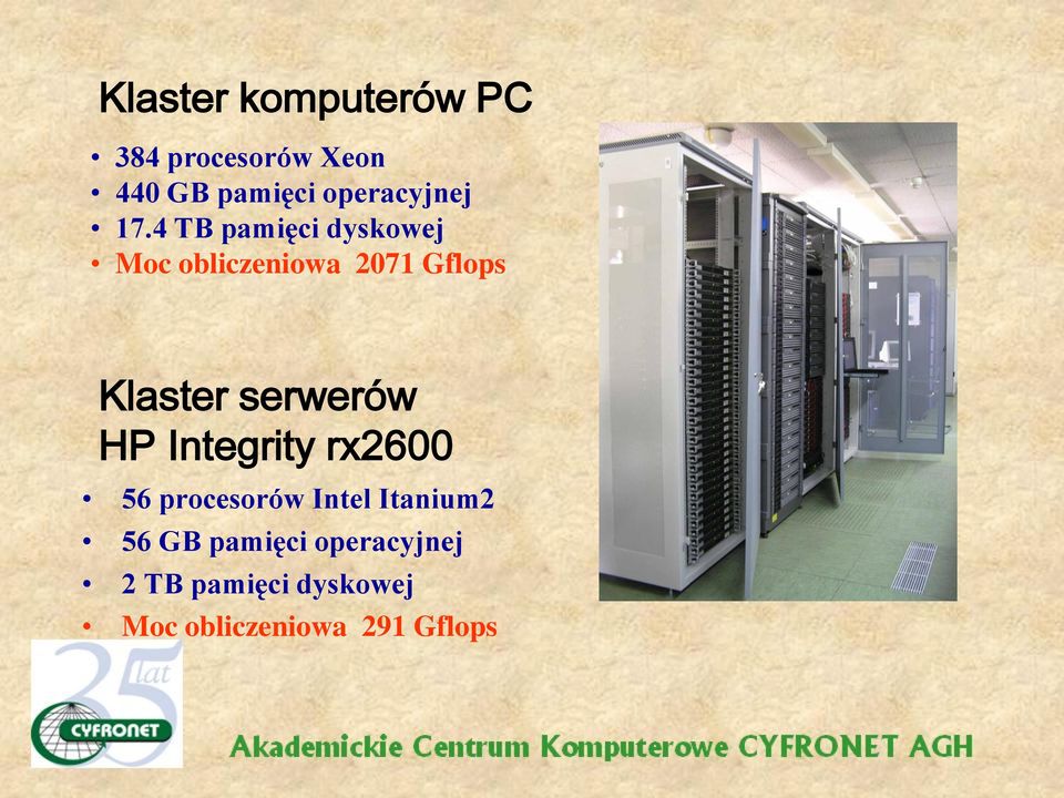 4 TB pamięci dyskowej Moc obliczeniowa 2071 Gflops Klaster