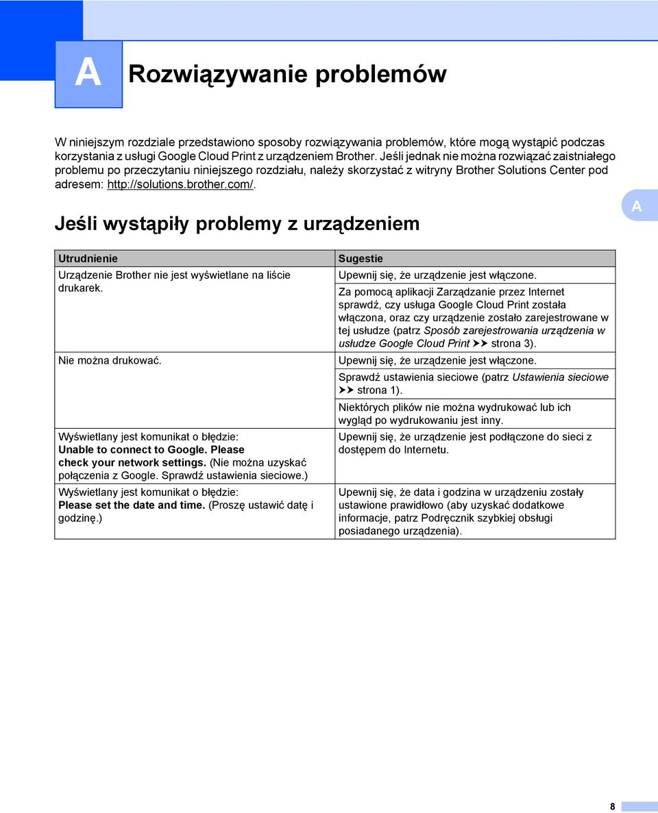 Jeśli wystąpiły problemy z urządzeniem A Utrudnienie Urządzenie Brother nie jest wyświetlane na liście drukarek. Nie można drukować. Wyświetlany jest komunikat o błędzie: Unable to connect to Google.