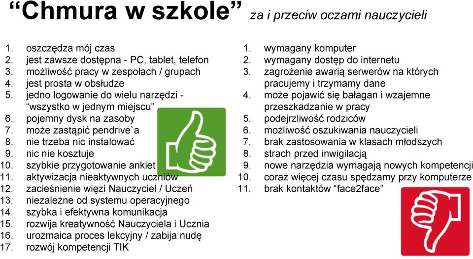 zasoby może zastąpić pendrive`a nie trzeba nic instalować nic nie kosztuje szybkie przygotowanie ankiet aktywizacja nieaktywnych uczniów zacieśnienie więzi Nauczyciel / Uczeń niezależne od systemu