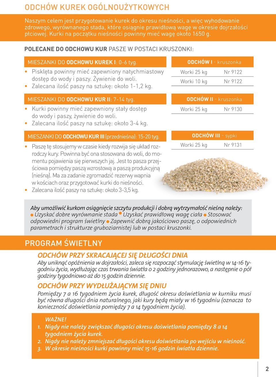 Pisklęta powinny mieć zapewniony natychmiastowy dostęp do wody i paszy. Żywienie do woli. Zalecana ilość paszy na sztukę: około 1-1,2 kg. MIESZANKI DO ODCHOWU KUR II: 7-14 tyg.