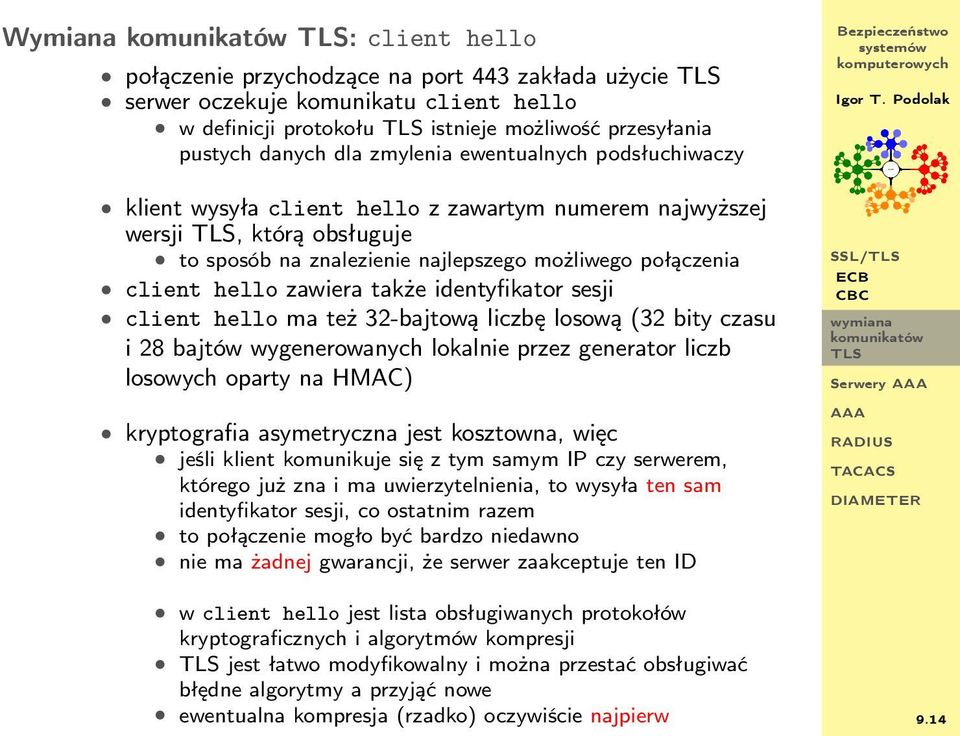 identyfikator sesji client hello ma też 32-bajtową liczbę losową (32 bity czasu i 28 bajtów wygenerowanych lokalnie przez generator liczb losowych oparty na HMAC) kryptografia asymetryczna jest