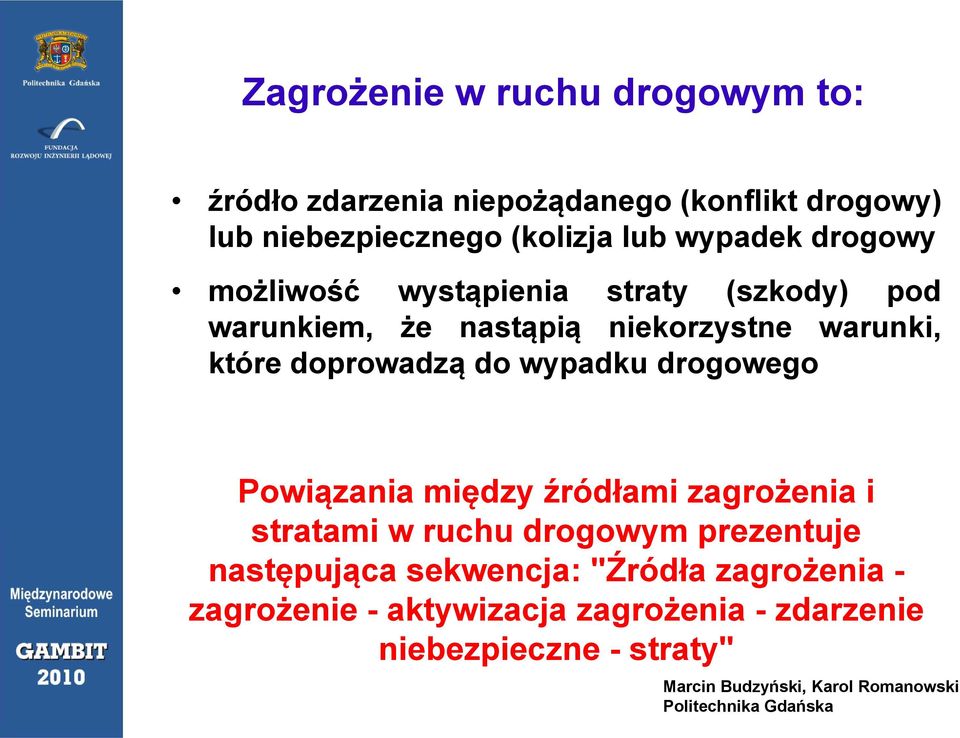 warunki, które doprowadzą do wypadku drogowego Powiązania między źródłami zagrożenia i stratami w ruchu drogowym