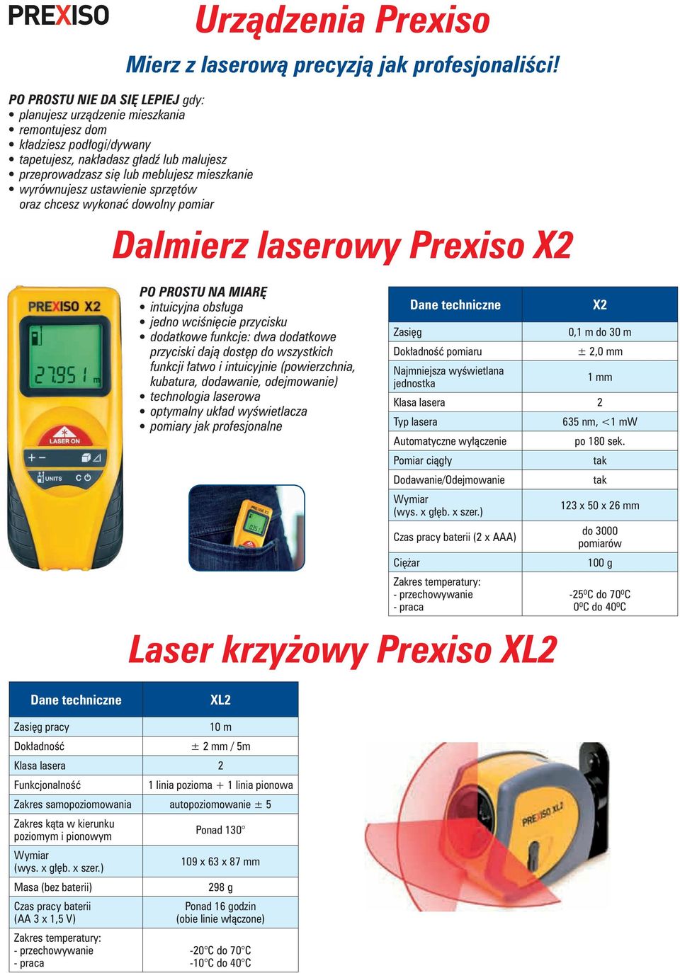 mieszkanie l wyrównujesz ustawienie sprzętów oraz chcesz wykonać dowolny pomiar Dalmierz laserowy Prexiso X2 PO PROSTU NA MIARĘ l intuicyjna obsługa l jedno wciśnięcie przycisku l dodatkowe funkcje: