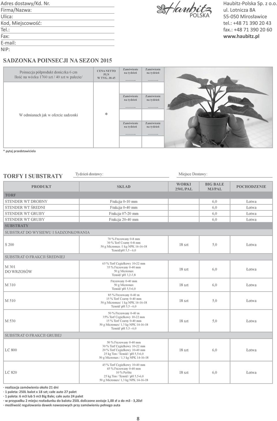 TORFY I SUBSTRATY dostawy: Miejsce Dostawy: TORF PRODUKT SKŁAD WORKI 250L/PAL BIG BALE M3/PAL POCHODZENIE STENDER WT DROBNY Frakcja 0-10 mm 6,0 Łotwa STENDER WT ŚREDNI Frakcja 0-40 mm 6,0 Łotwa