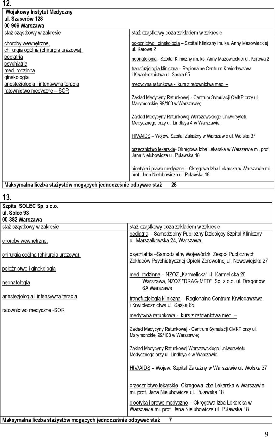 Szpital SOLEC Sp. z o.o. ul. Solec 93 00-382 Warszawa mi. prof. Jana Nielubowicza ul. Puławska 18 Warszawie mi. prof. Jana Nielubowicza ul. Puławska 18 pediatria - Samodzielny Publiczny Dziecięcy Szpital Kliniczny ul.