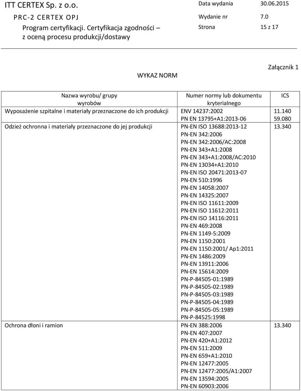 13034+A1:2010 PN-EN ISO 20471:2013-07 PN-EN 510:1996 PN-EN 14058:2007 PN-EN 14325:2007 PN-EN ISO 11611:2009 PN-EN ISO 11612:2011 PN-EN ISO 14116:2011 PN-EN 469:2008 PN-EN 1149-5:2009 PN-EN 1150:2001