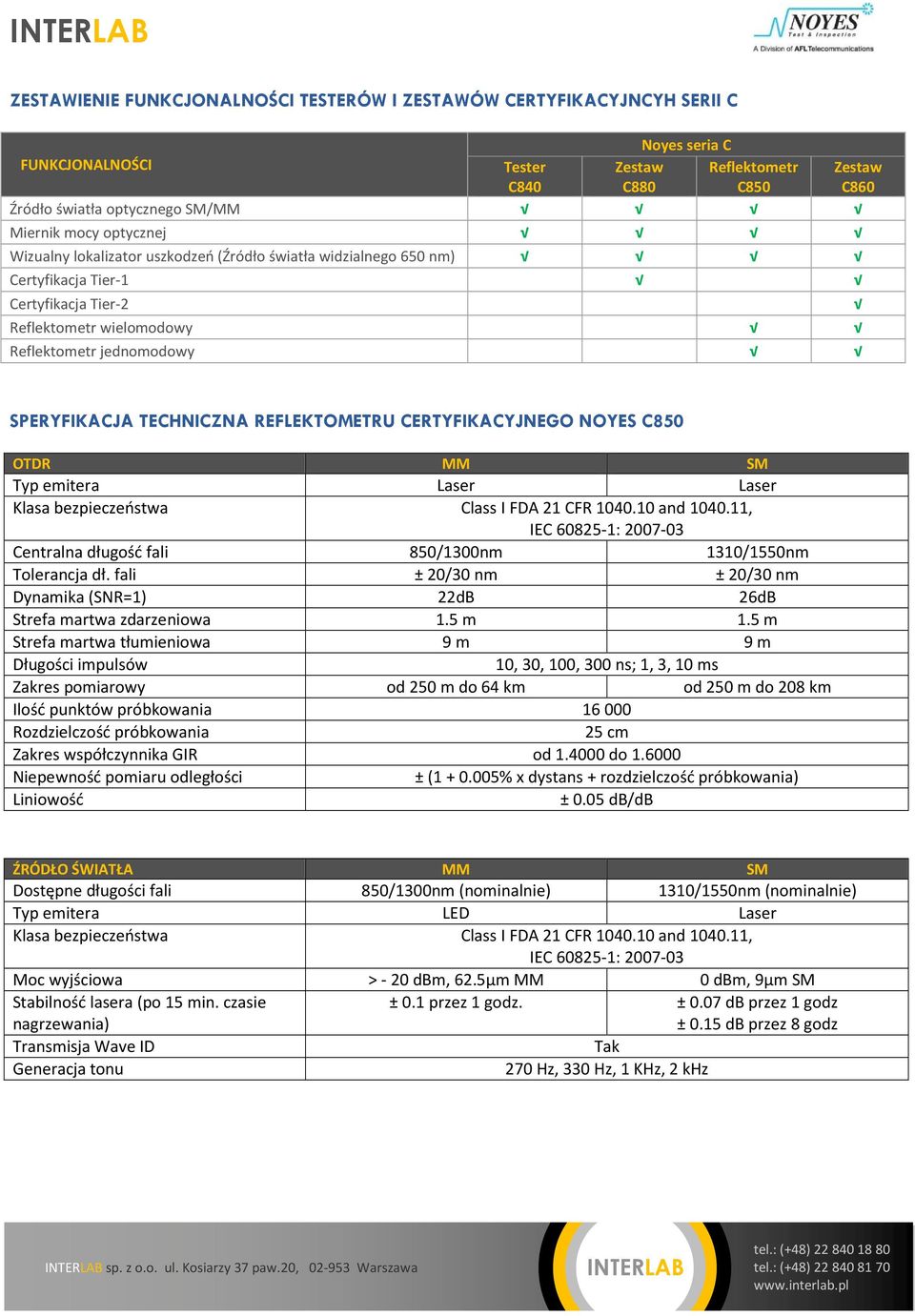 REFLEKTOMETRU CERTYFIKACYJNEGO NOYES C850 OTDR MM SM Typ emitera Laser Laser Klasa bezpieczeństwa Class I FDA 21 CFR 1040.10 and 1040.