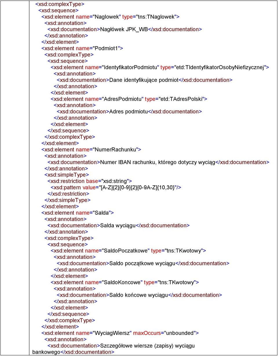 podmiotu</xsd:> </xsd:sequence> </xsd:complextype> <xsd:element name="numerrachunku"> <xsd:>numer IBAN rachunku, którego dotyczy wyciąg</xsd:> <xsd:simpletype> <xsd:restriction base="xsd:string">