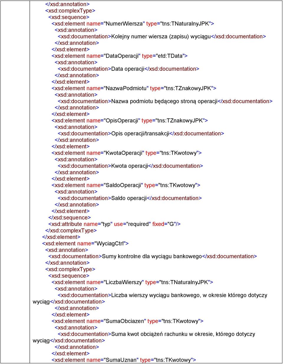 <xsd:>opis operacji/transakcji</xsd:> <xsd:element name="kwotaoperacji" type="tns:tkwotowy"> <xsd:>kwota operacji</xsd:> <xsd:element name="saldooperacji" type="tns:tkwotowy"> <xsd:>saldo