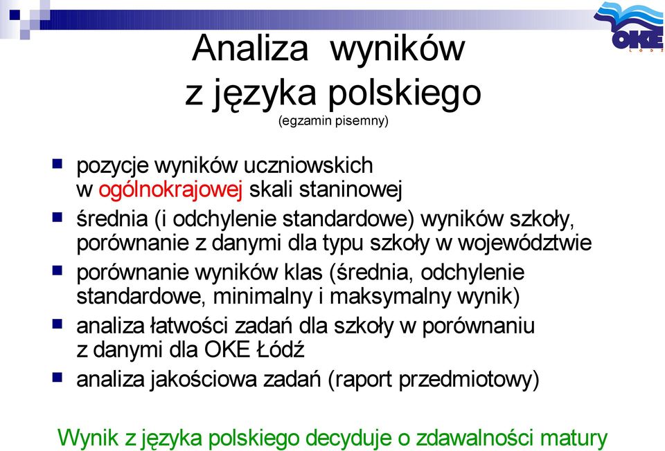 wyników klas (średnia, odchylenie standardowe, minimalny i maksymalny wynik) analiza łatwości zadań dla szkoły w