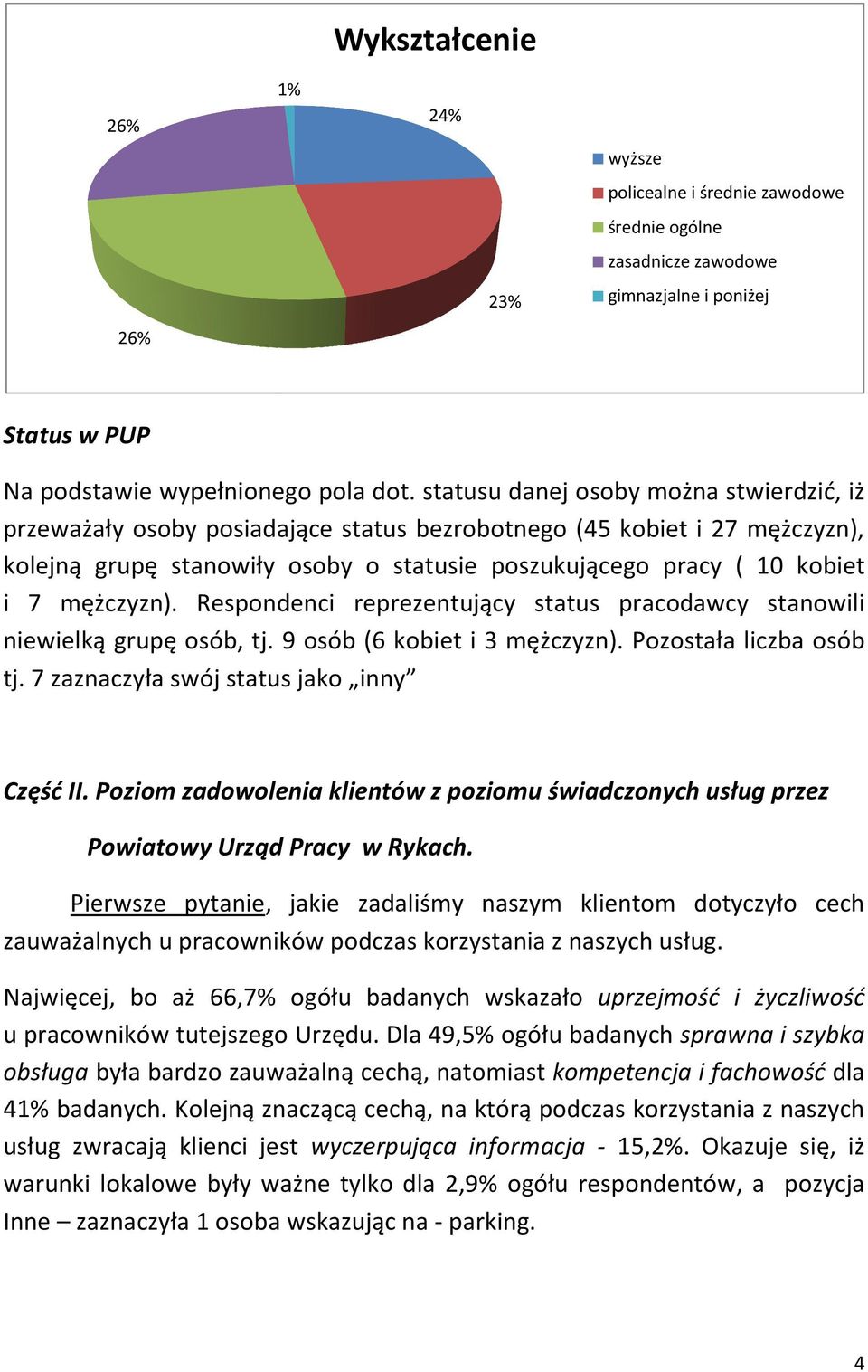 mężczyzn). Respondenci reprezentujący status pracodawcy stanowili niewielką grupę osób, tj. 9 osób (6 kobiet i 3 mężczyzn). Pozostała liczba osób tj. 7 zaznaczyła swój status jako inny Część II.