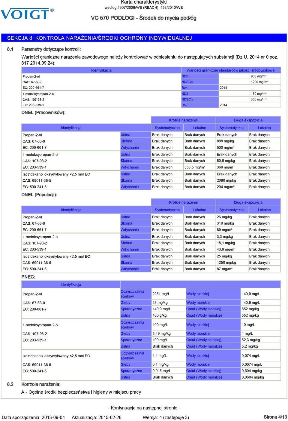 24): DNEL (Pracowników): NDS Rok Wartości graniczne standardów jakości środowiskowej NDSCh NDS NDSCh Rok Krótkie narażenie 2014 2014 900 mg/m³ 1200 mg/m³ 180 mg/m³ 360 mg/m³ Długa ekspozycja