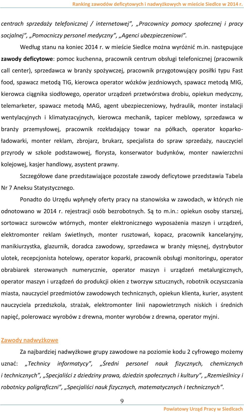 następujące zawody deficytowe: pomoc kuchenna, pracownik centrum obsługi telefonicznej (pracownik call center), sprzedawca w branży spożywczej, pracownik przygotowujący posiłki typu Fast food,