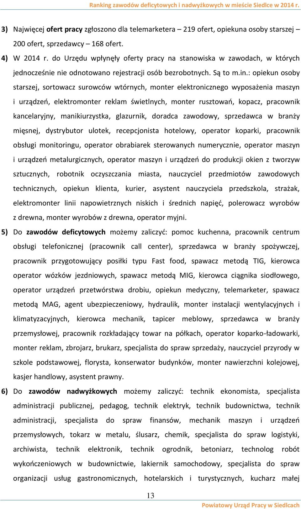 : opiekun osoby starszej, sortowacz surowców wtórnych, monter elektronicznego wyposażenia maszyn i urządzeń, elektromonter reklam świetlnych, monter rusztowań, kopacz, pracownik kancelaryjny,