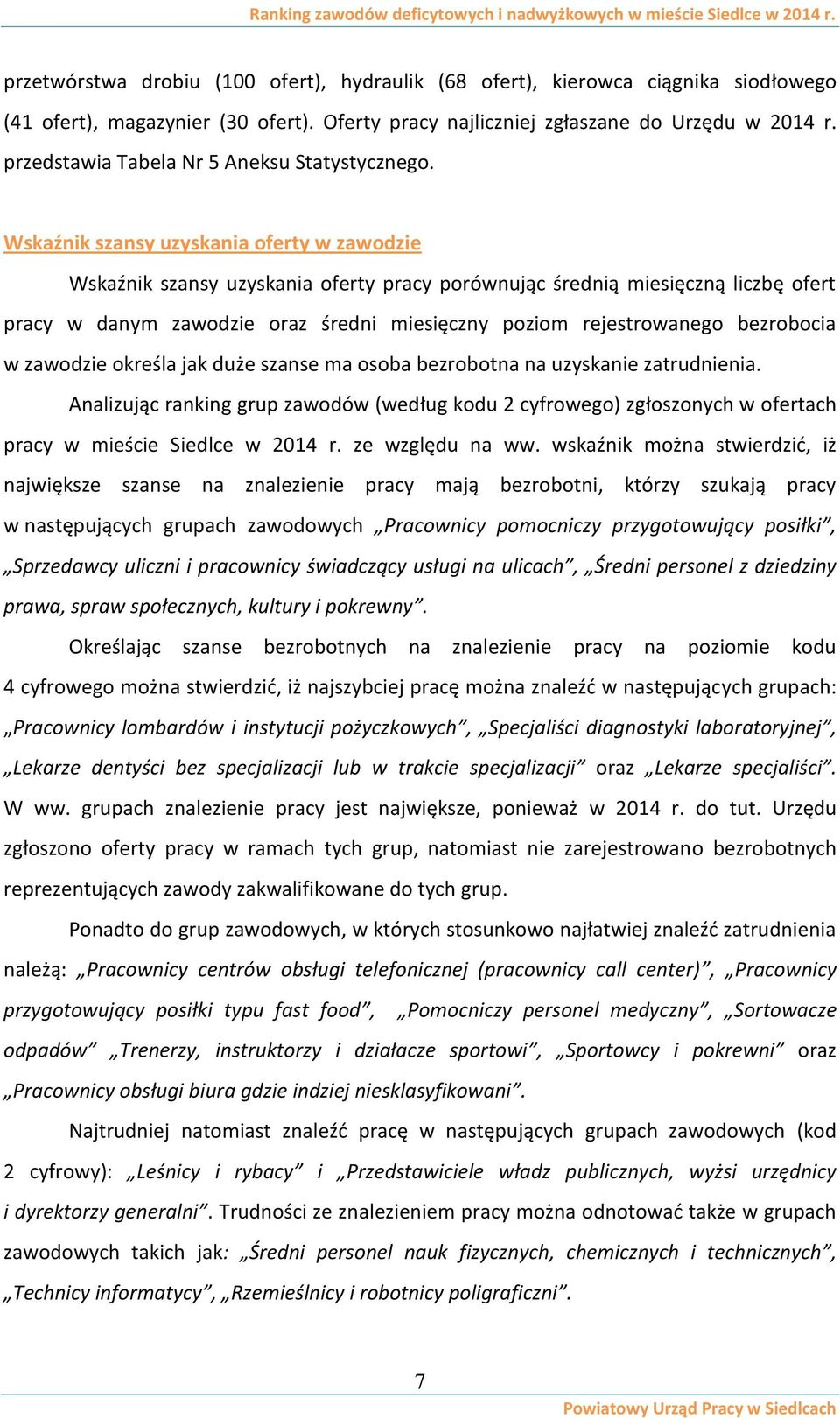 Wskaźnik szansy uzyskania oferty w zawodzie Wskaźnik szansy uzyskania oferty pracy porównując średnią miesięczną liczbę ofert pracy w danym zawodzie oraz średni miesięczny poziom rejestrowanego