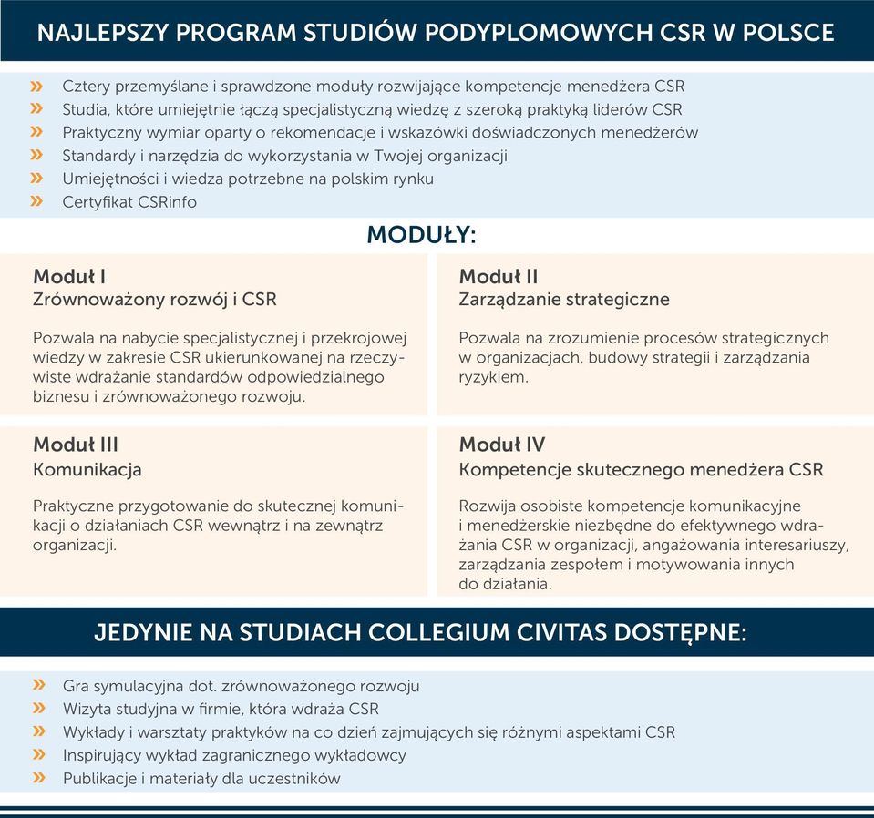 polskim rynku Certyfikat CSRinfo Moduł I Zrównoważony rozwój i CSR MODUŁY: Moduł II Zarządzanie strategiczne Pozwala na nabycie specjalistycznej i przekrojowej wiedzy w zakresie CSR ukierunkowanej na