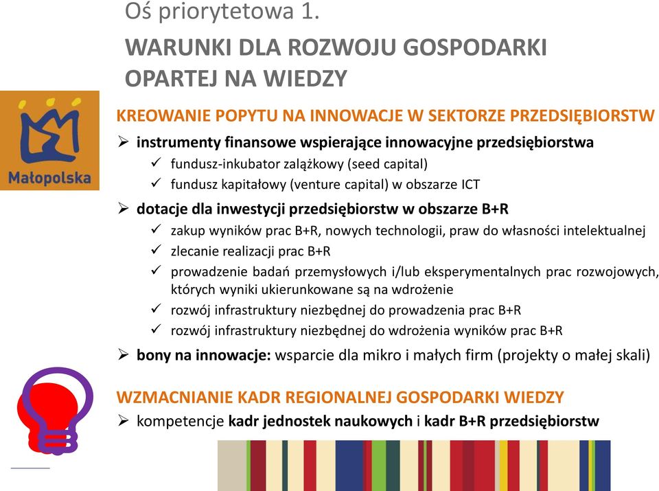 (seed capital) fundusz kapitałowy (venture capital) w obszarze ICT dotacje dla inwestycji przedsiębiorstw w obszarze B+R zakup wyników prac B+R, nowych technologii, praw do własności intelektualnej