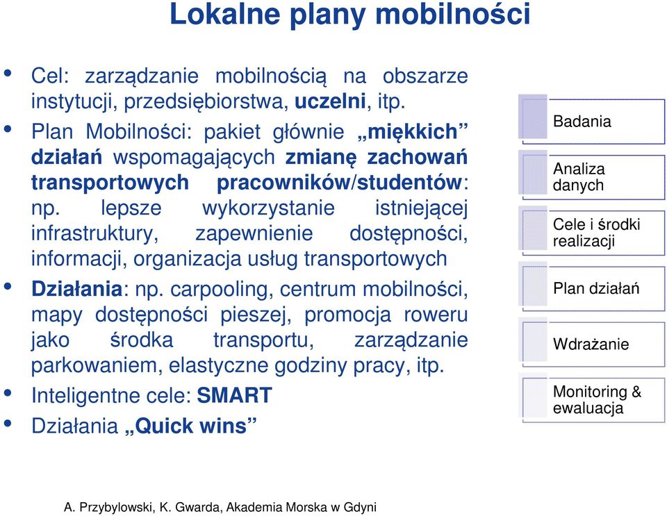 lepsze wykorzystanie istniejącej infrastruktury, zapewnienie dostępności, informacji, organizacja usług transportowych Działania: np.