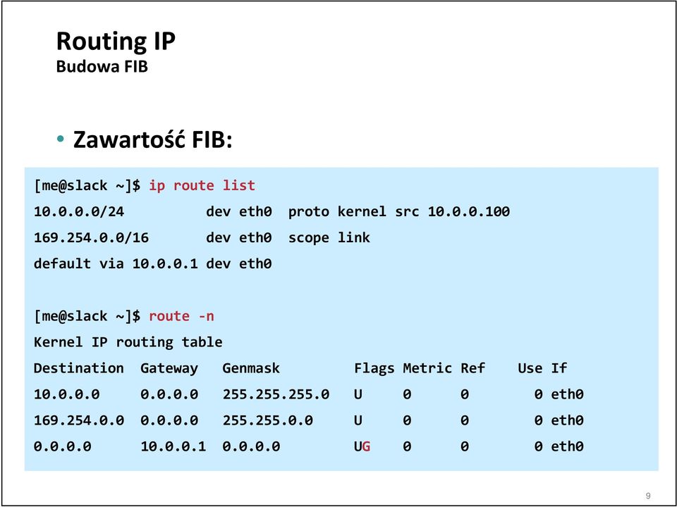 IP routing table Destination Gateway Genmask Flags Metric Ref Use If 10.0.0.0 0.0.0.0 255.