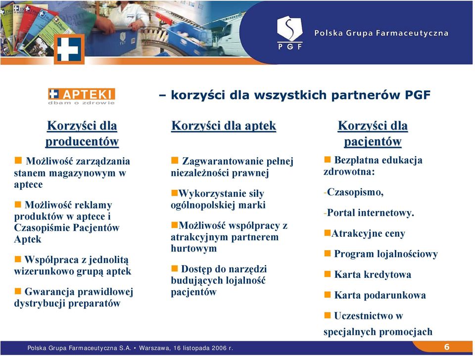 ogólnopolskiej marki Możliwość współpracy z atrakcyjnym partnerem hurtowym Dostęp do narzędzi budujących lojalność pacjentów Korzyści dla pacjentów Bezpłatna edukacja zdrowotna: -Czasopismo,