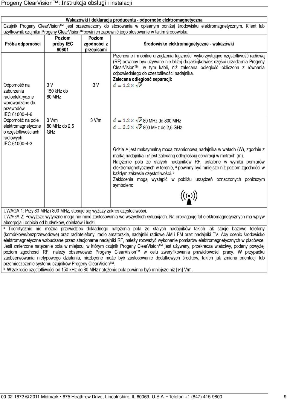 Próba odporności Odporność na zaburzenia radioelektryczne wprowadzane do przewodów IEC 61000-4-6 Odporność na pole elektromagnetyczne o częstotliwościach radiowych IEC 61000-4-3 Poziom próby IEC