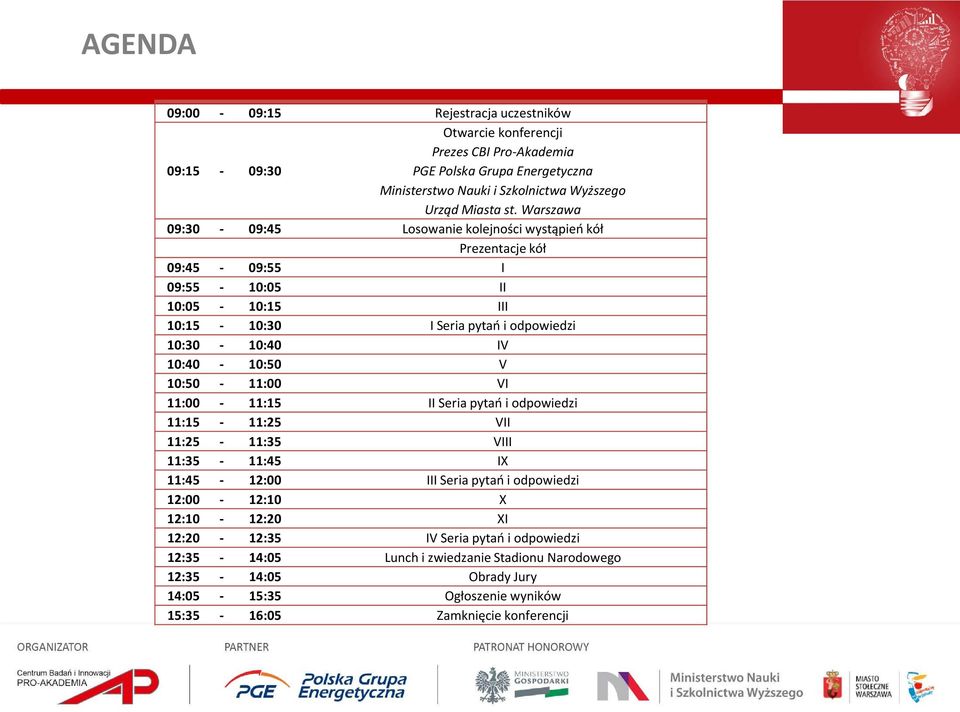 Warszawa 09:30-09:45 Losowanie kolejności wystąpień kół Prezentacje kół 09:45-09:55 I 09:55-10:05 II 10:05-10:15 III 10:15-10:30 I Seria pytań i odpowiedzi 10:30-10:40 IV