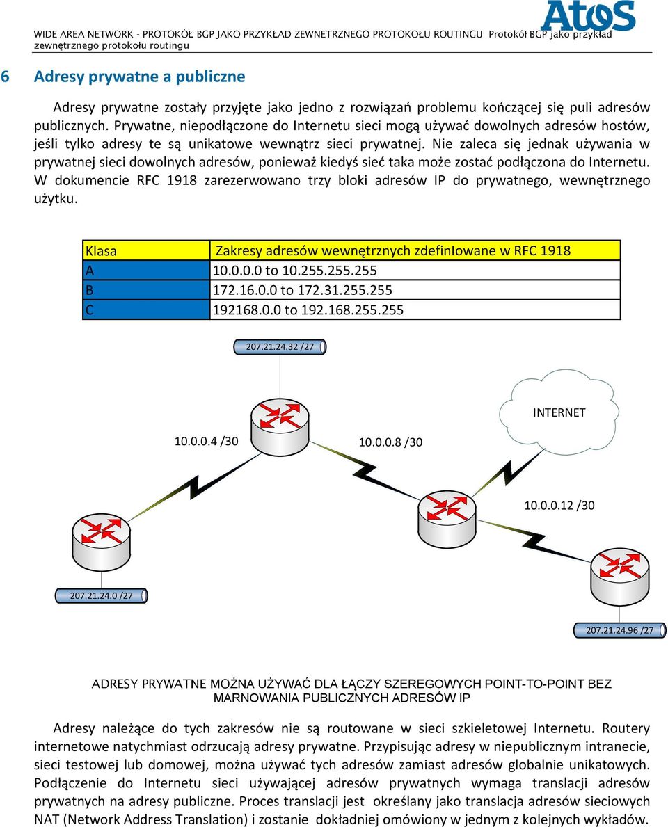 Nie zaleca się jednak używania w prywatnej sieci dowolnych adresów, ponieważ kiedyś sieć taka może zostać podłączona do Internetu.