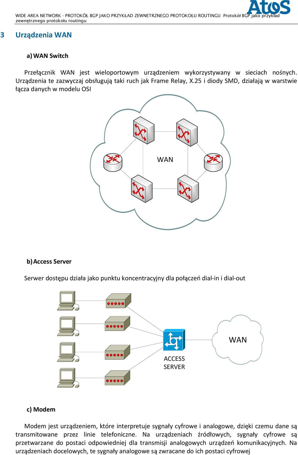 WAN c) Modem Modem jest urządzeniem, które interpretuje sygnały cyfrowe i analogowe, dzięki czemu dane są transmitowane przez linie telefoniczne.