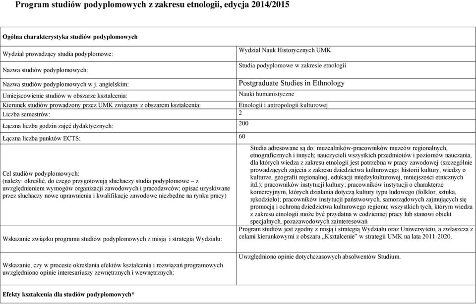 angielskim: Umiejscowienie studiów w obszarze : Wydział Nauk Historycznych UMK Studia podyplomowe w zakresie etnologii Postgraduate Studies in Ethnology Nauki humanistyczne Kierunek studiów
