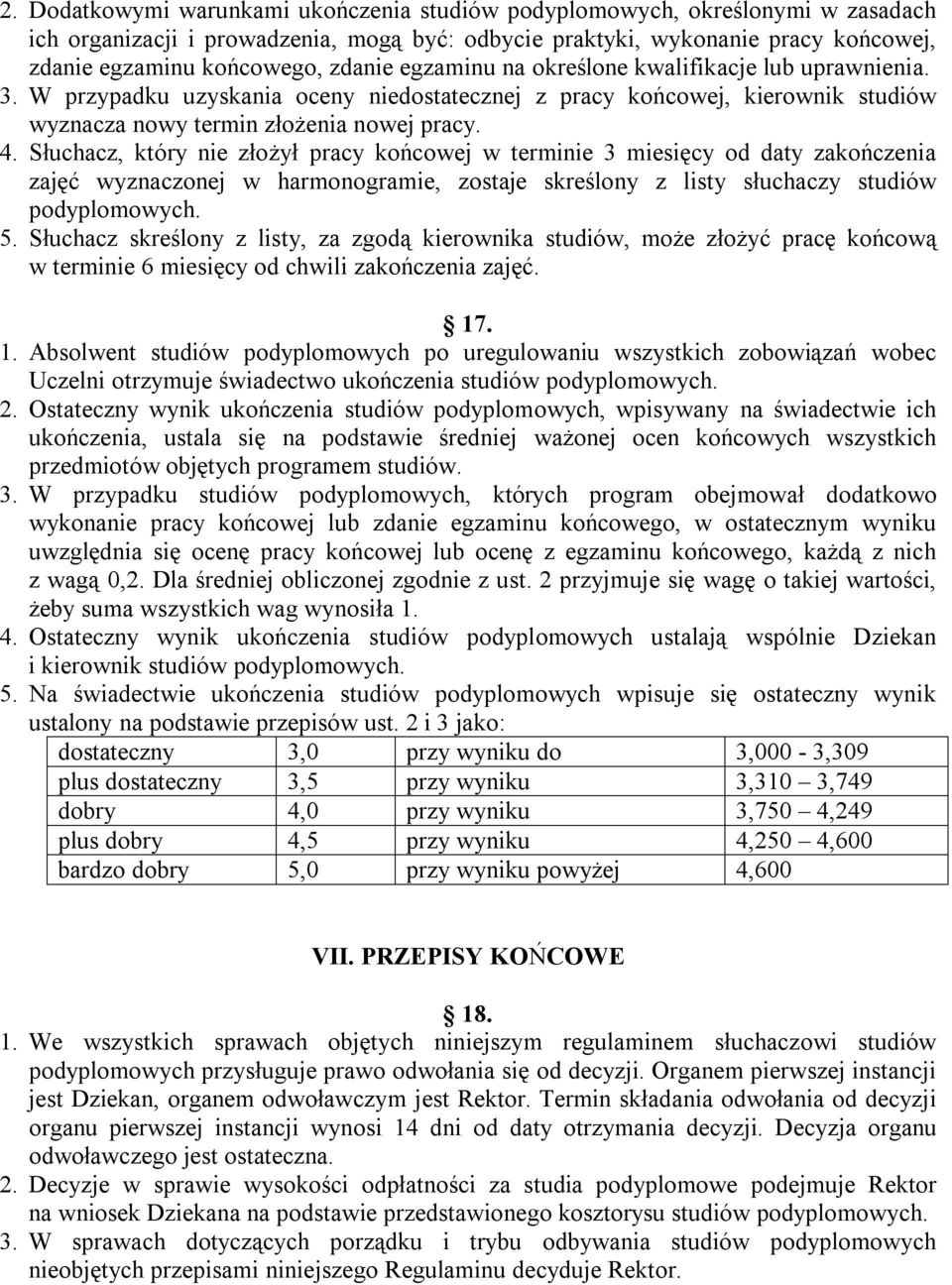 Słuchacz, który nie złożył pracy końcowej w terminie 3 miesięcy od daty zakończenia zajęć wyznaczonej w harmonogramie, zostaje skreślony z listy słuchaczy studiów podyplomowych. 5.