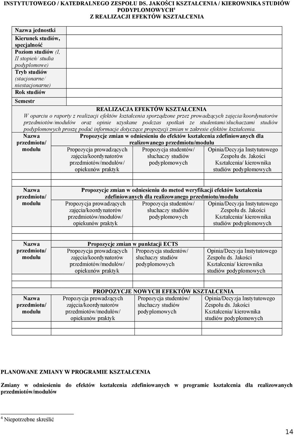 (stacjonarne/ niestacjonarne) Rok studiów Semestr REALIZACJA EFEKTÓW KSZTAŁCENIA W oparciu o raporty z realizacji efektów kształcenia sporządzone przez prowadzących zajęcia/koordynatorów