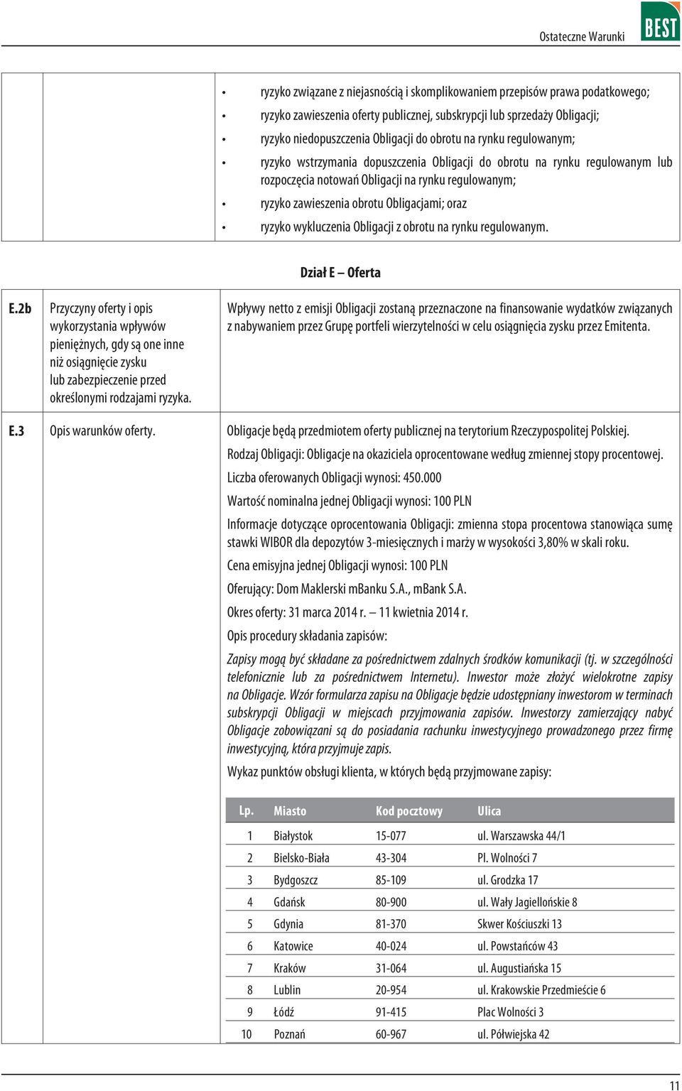 wykluczenia Obligacji z obrotu na rynku regulowanym. E.