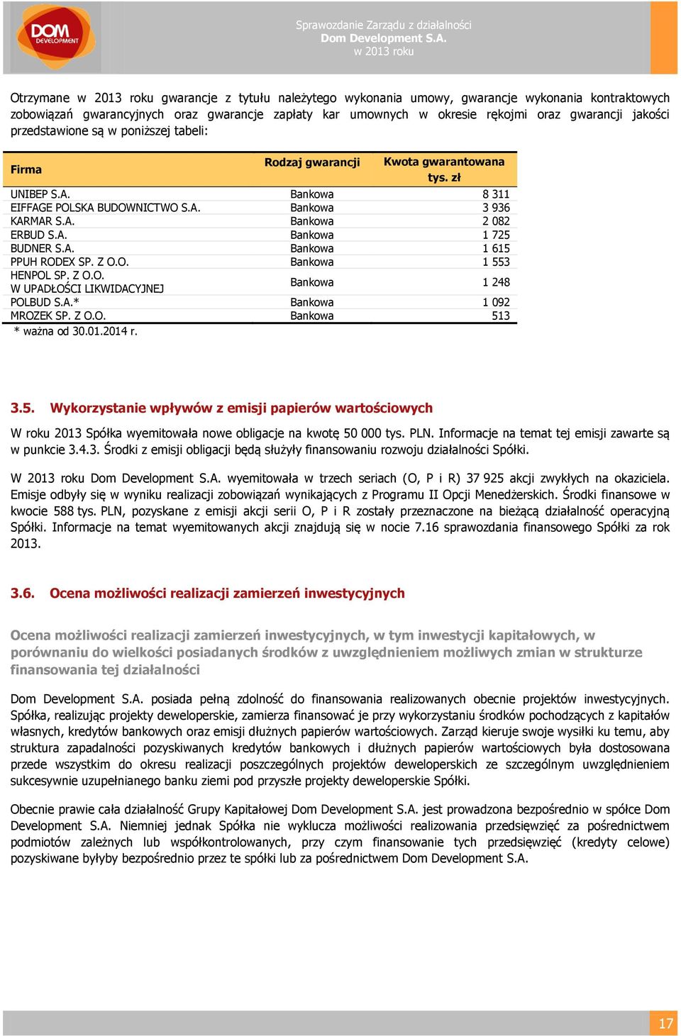 A. Bankowa 1 615 PPUH RODEX SP. Z O.O. Bankowa 1 553 HENPOL SP. Z O.O. W UPADŁOŚCI LIKWIDACYJNEJ Bankowa 1 248 POLBUD S.A.* Bankowa 1 092 MROZEK SP. Z O.O. Bankowa 513 * ważna od 30.01.2014 r. 3.5. Wykorzystanie wpływów z emisji papierów wartościowych W roku 2013 Spółka wyemitowała nowe obligacje na kwotę 50 000 tys.