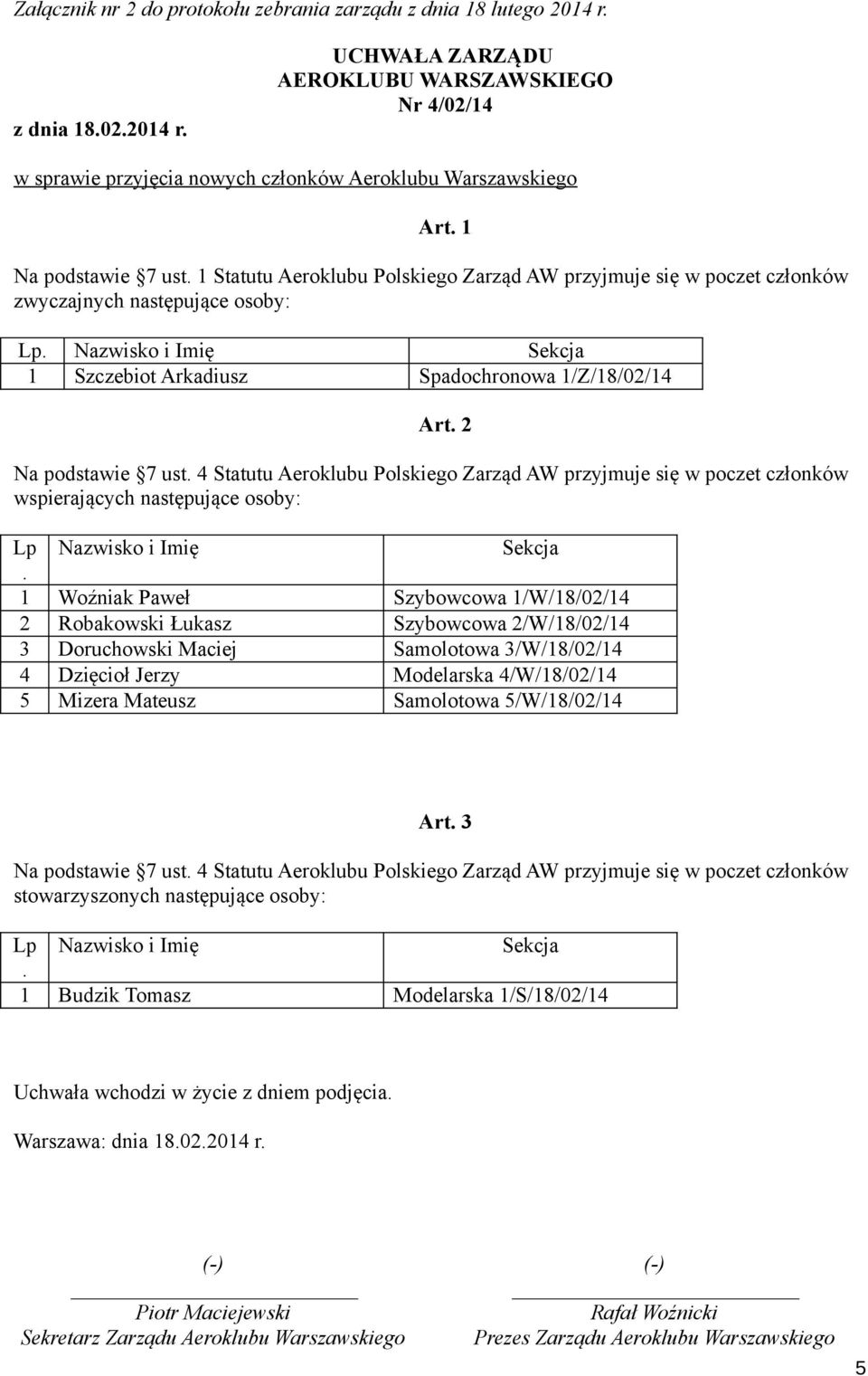 Nazwisko i Imię Sekcja 1 Szczebiot Arkadiusz Spadochronowa 1/Z/18/02/14 Art. 2 Na podstawie 7 ust.