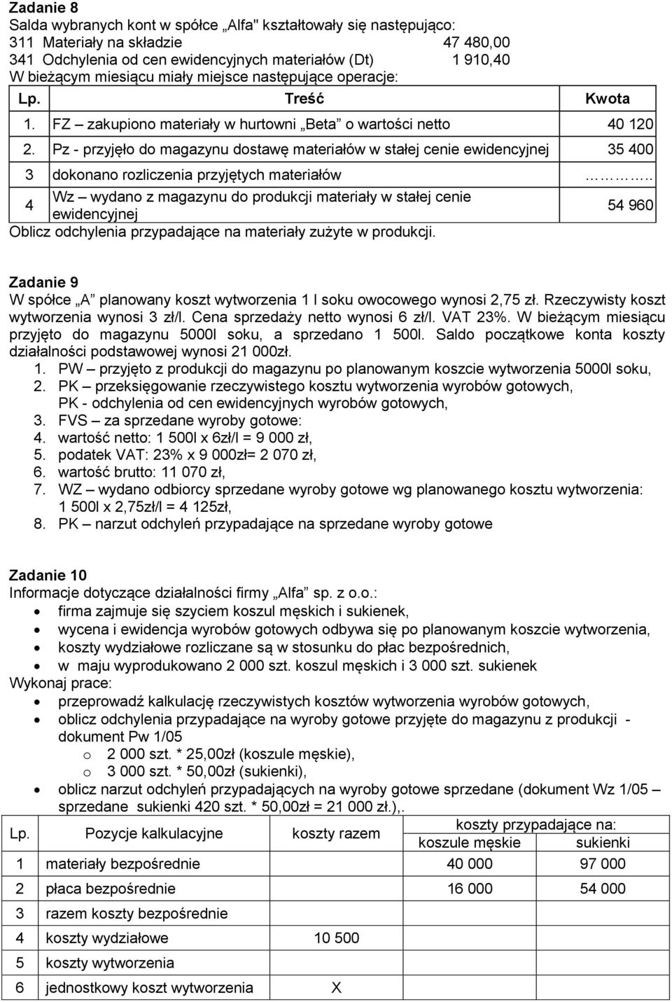 Pz - przyjęło do magazynu dostawę materiałów w stałej cenie ewidencyjnej 35 400 3 dokonano rozliczenia przyjętych materiałów.