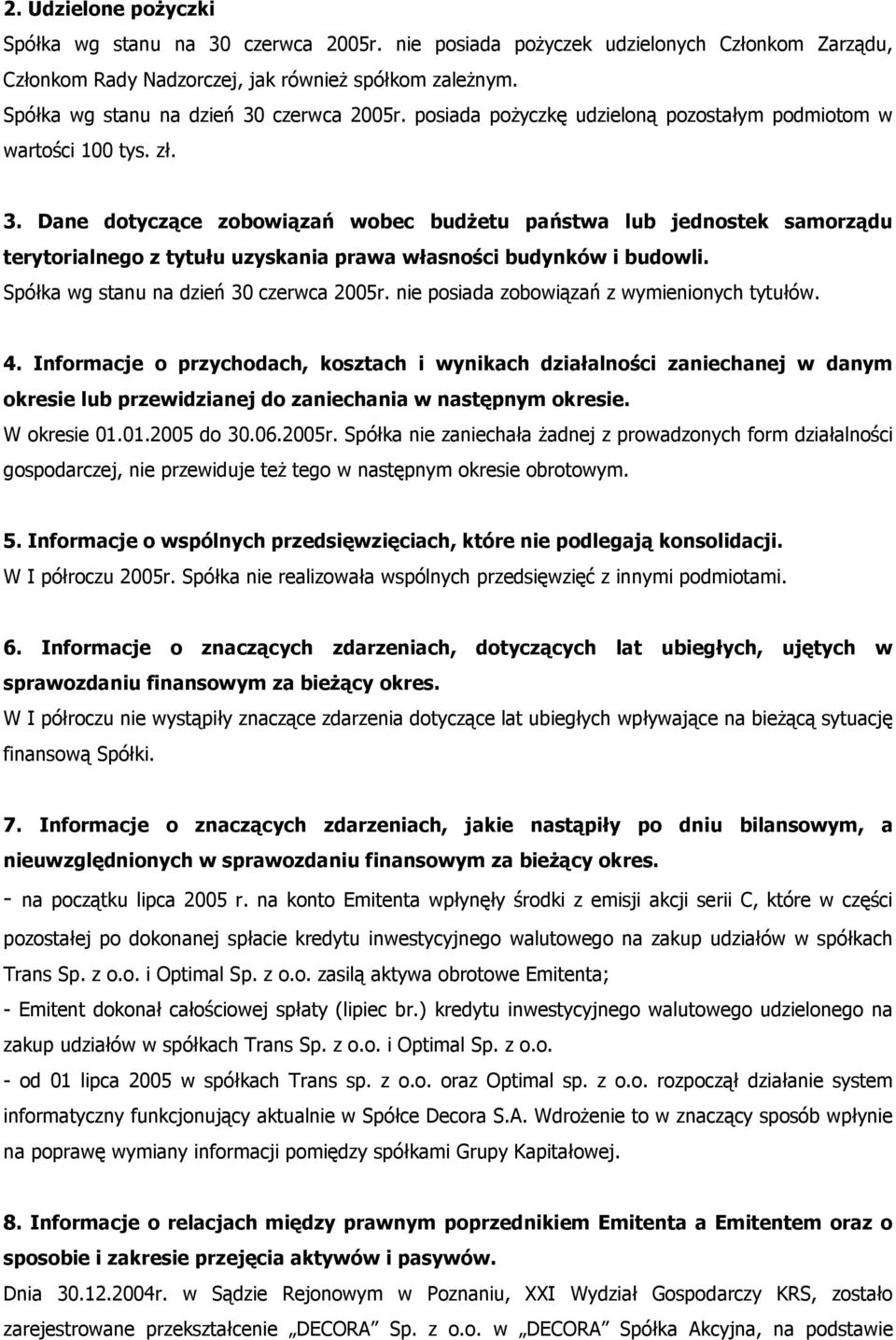 Spółka wg stanu na dzień 30 czerwca 2005r. nie posiada zobowiązań z wymienionych tytułów. 4.