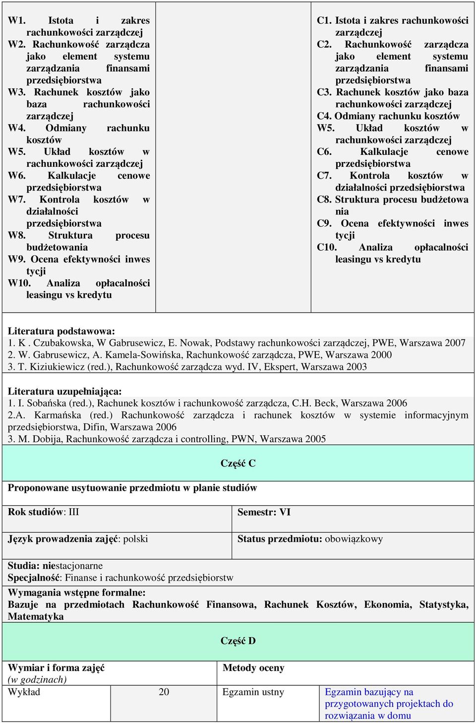 Istota i zakres rachunkowości zarządczej C2. Rachunkowość zarządcza jako element systemu zarządzania finansami C3. Rachunek kosztów jako baza C4. Odmiany rachunku kosztów W5. Układ kosztów w C6.