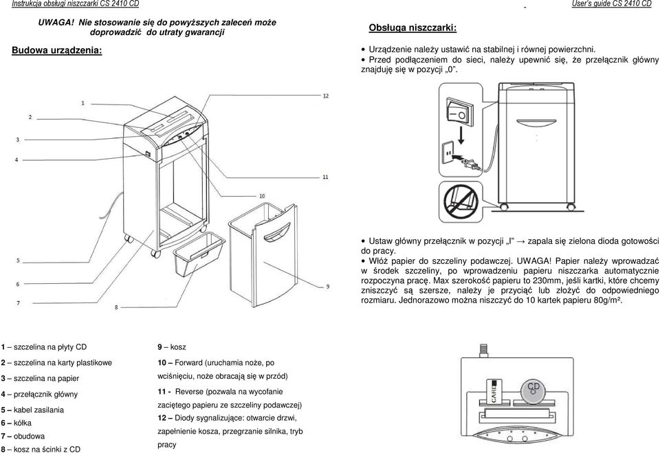 Włóż papier do szczeliny. UWAGA! Papier należy wprowadzać w środek szczeliny, po wprowadzeniu papieru niszczarka automatycznie rozpoczyna pracę.