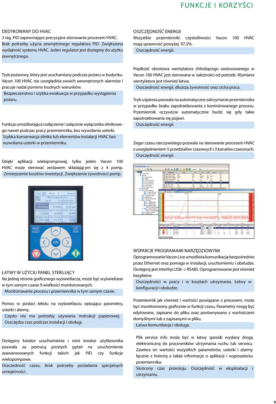 Vacon 100 HVAC nie uwzględnia swoich wewnętrznych alarmów i pracuje nadal pomimo trudnych warunków. Bezpieczenstwo i szybka ewakuacja w przypadku wystąpienia pożaru.