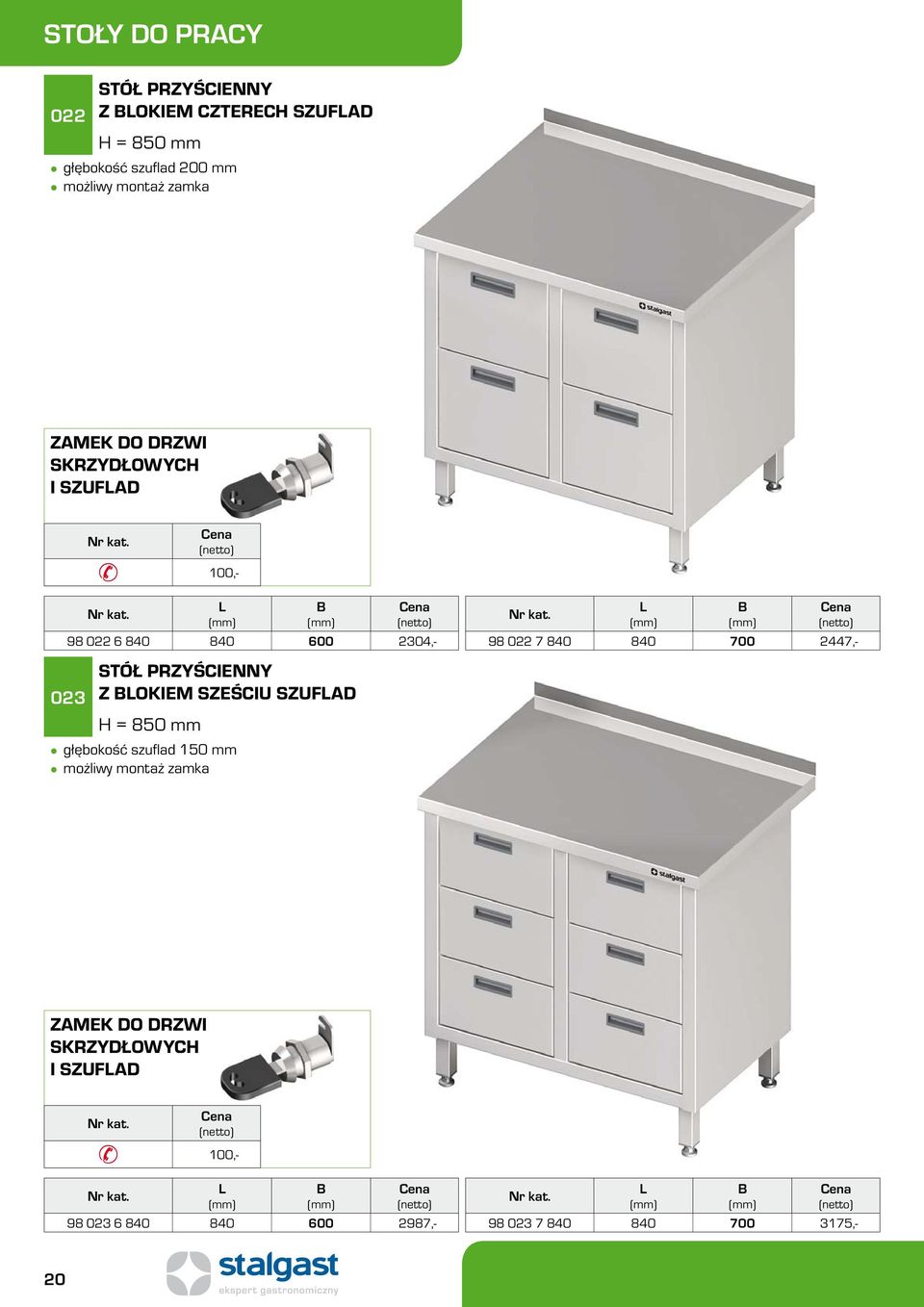 głębokość szufl ad 150 mm 98 022 6 8 8 600 2304,- 98 022 7 8 8 700 2447,- ZAMEK DO