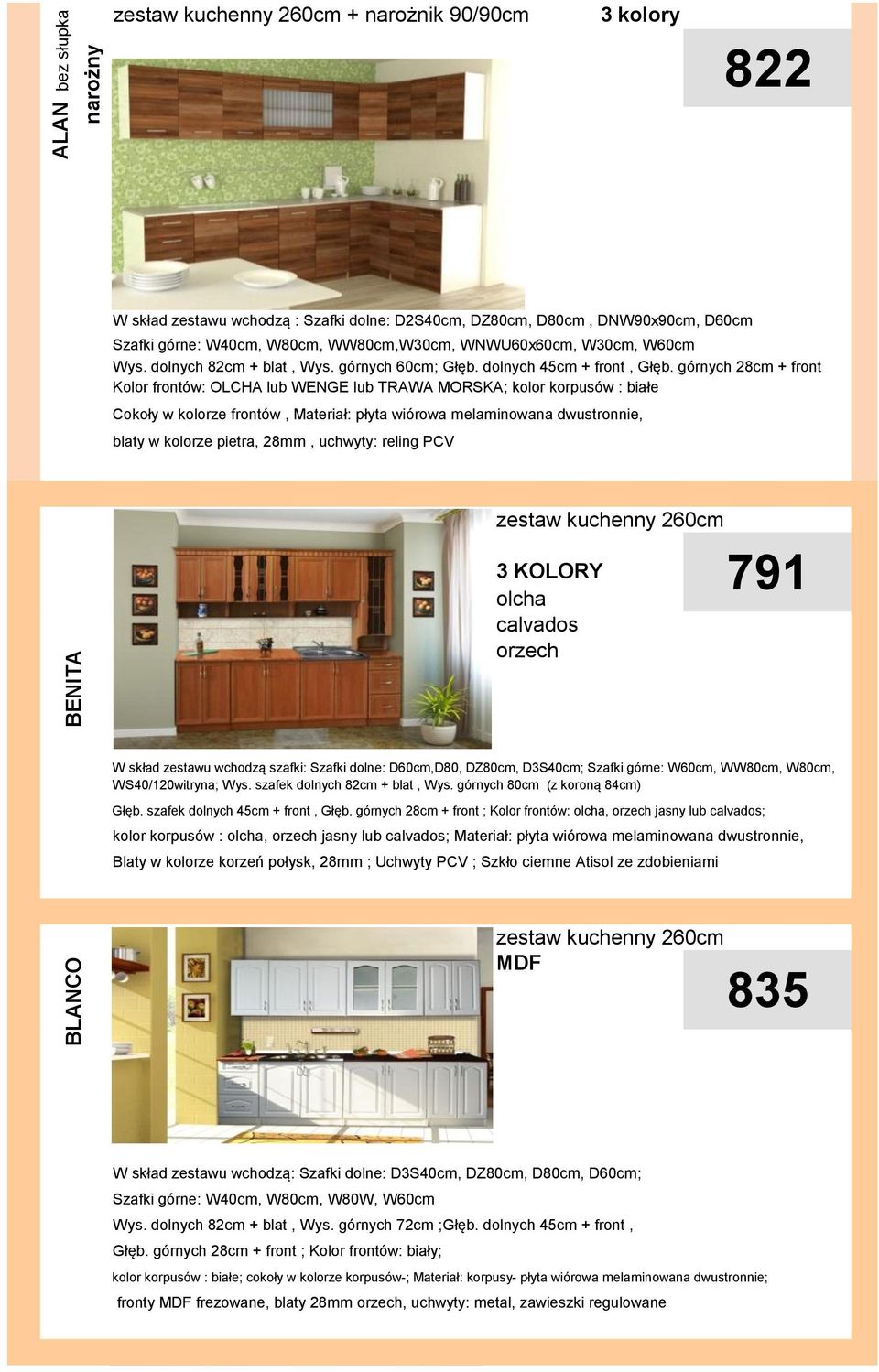 górnych 28cm + front Kolor frontów: OLCHA lub WENGE lub TRAWA MORSKA; kolor korpusów : białe Cokoły w kolorze frontów, Materiał: płyta wiórowa melaminowana dwustronnie, blaty w kolorze pietra, 28mm,