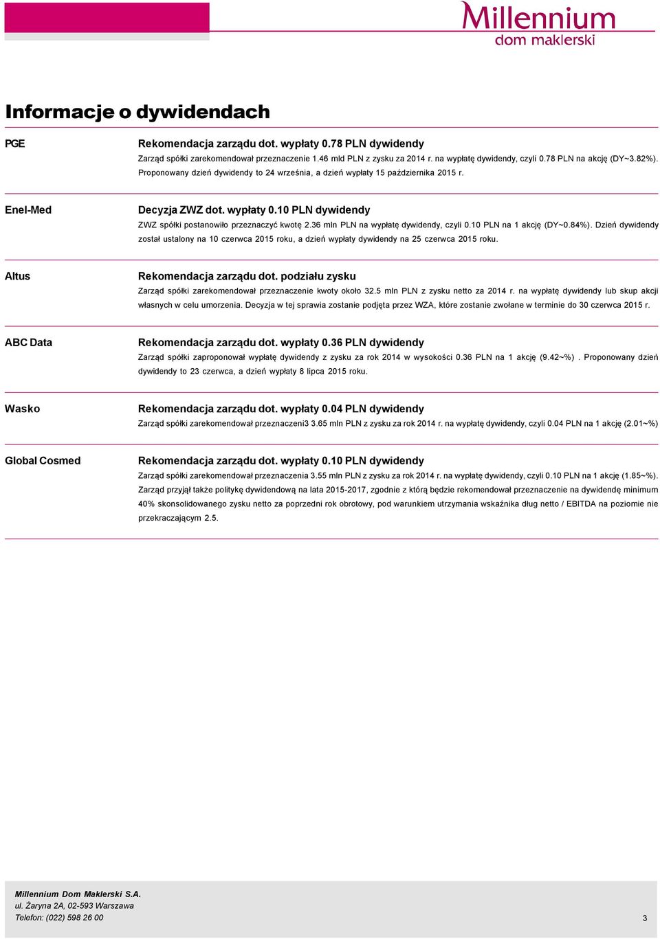 36 mln PLN na wypłatę dywidendy, czyli.1 PLN na 1 akcję (DY~.84%). Dzień dywidendy został ustalony na 1 czerwca 215 roku, a dzień wypłaty dywidendy na 25 czerwca 215 roku.